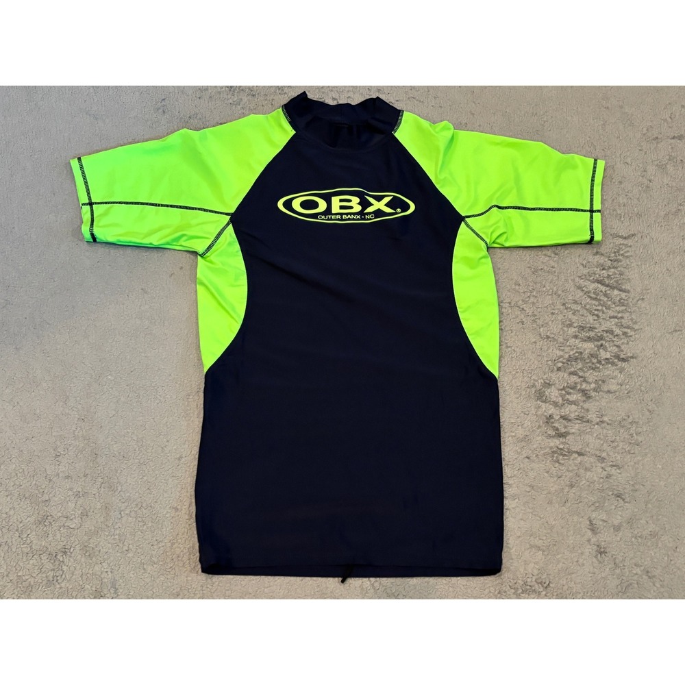OBX Outer Banks NC Rash Guard Mens Large Blue Neon Green Short Sleeve Swim Shirt